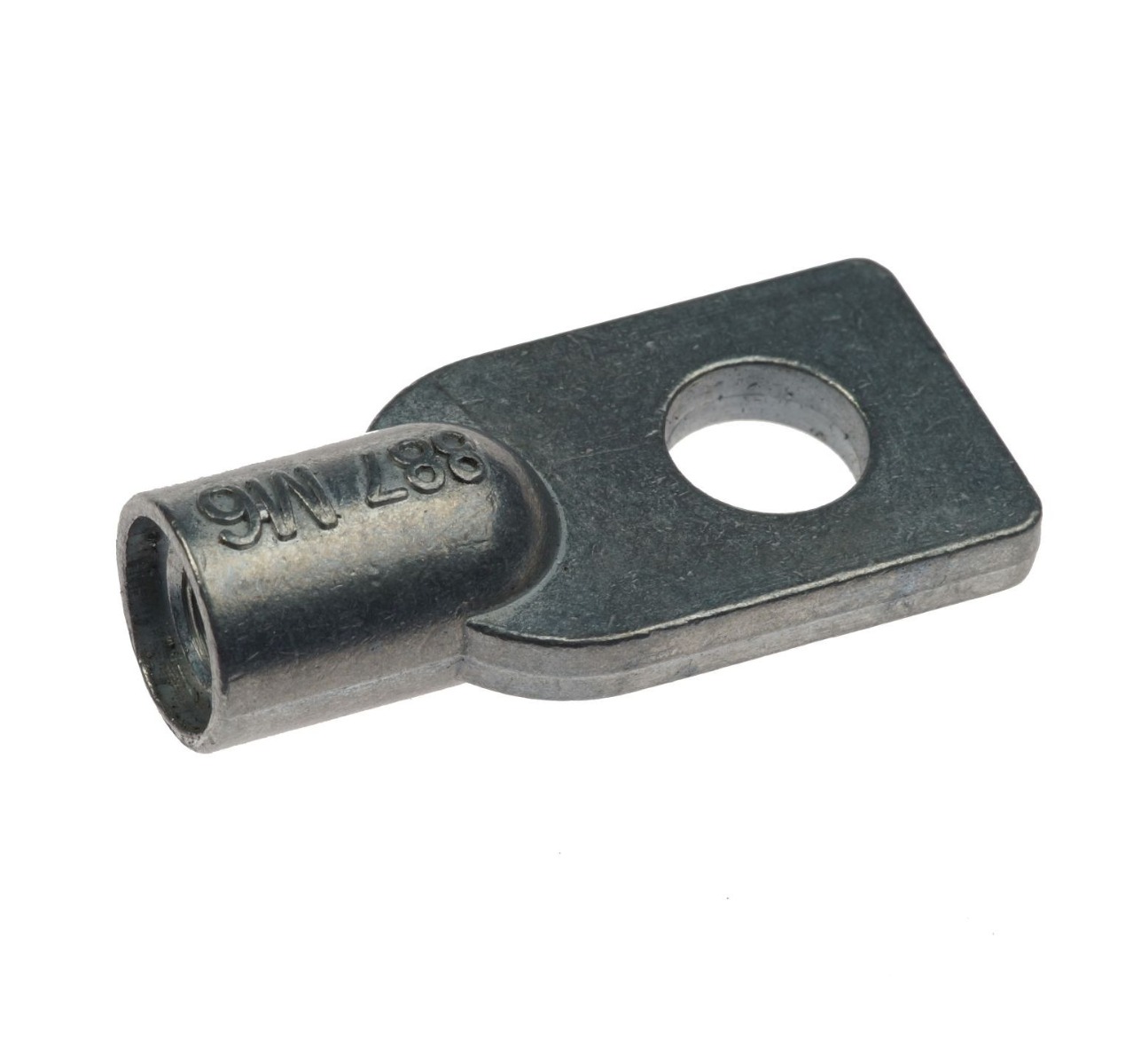 Een metalen ophangoog type 887 van zamak met een M6 schroefdraad en een rond bevestigingsoog tegen een witte achtergrond.