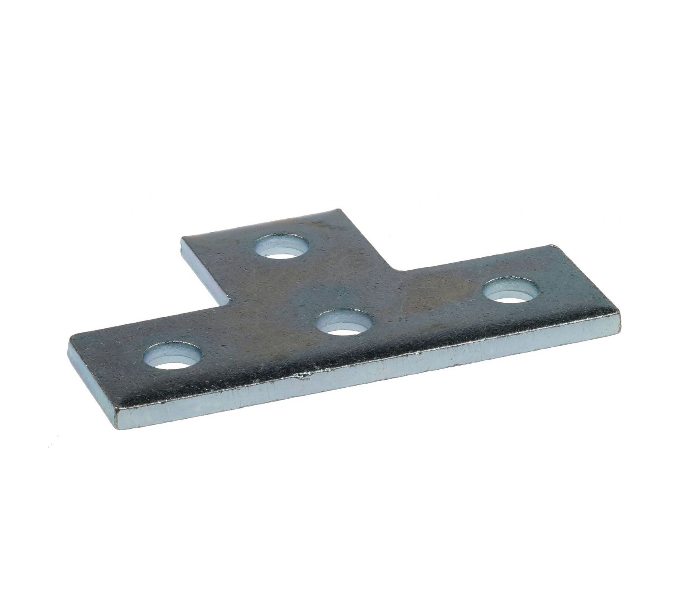 Een zilverkleurige, T-vormige metalen railverbinder met vier montagegaten, vervaardigd uit elektrolytisch verzinkt staal voor duurzame constructies.