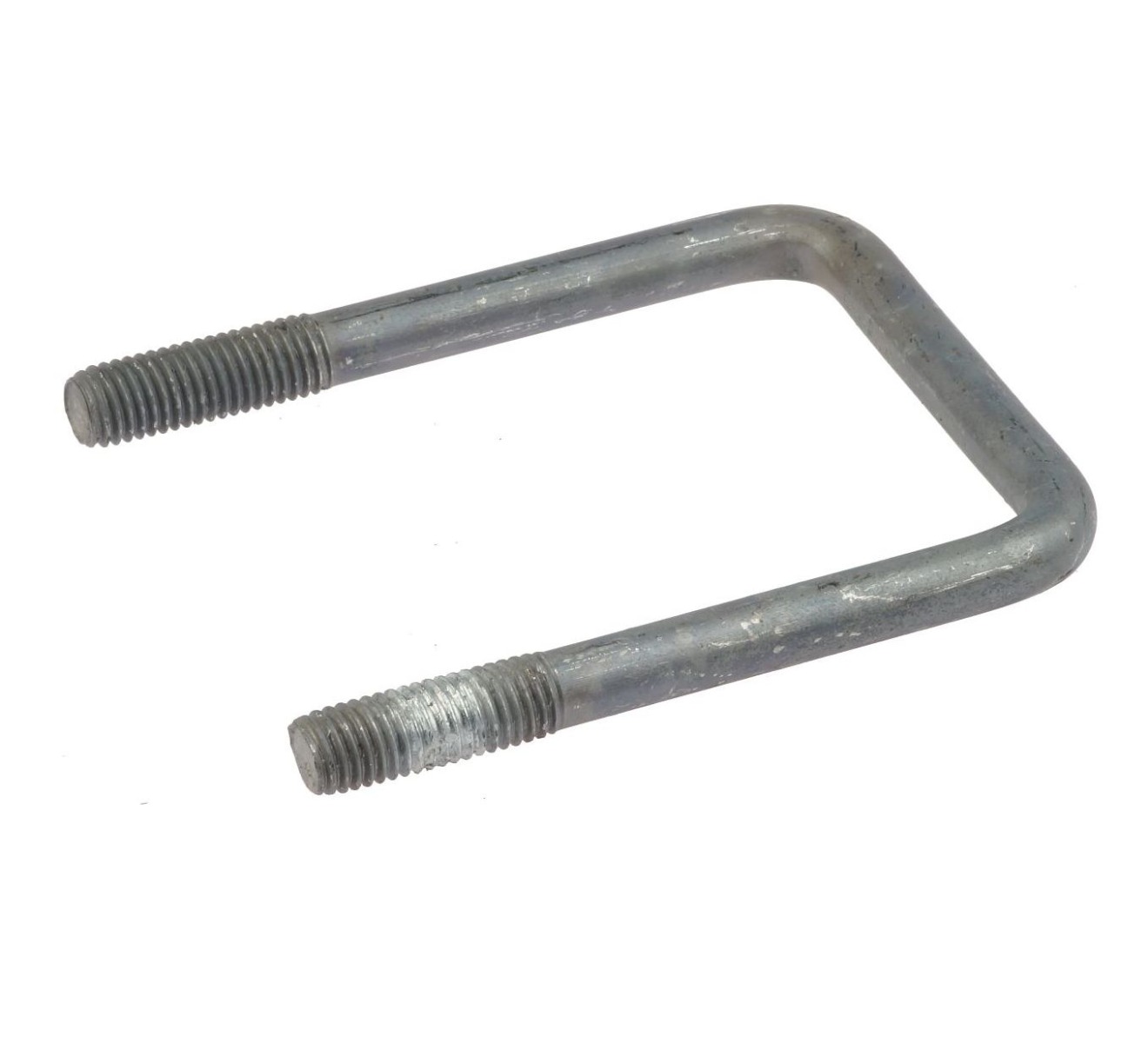 Een zijaanzicht van een zilverkleurige rechthoekige draadbeugel met M10 schroefdraad, thermisch verzinkt voor extra duurzaamheid.