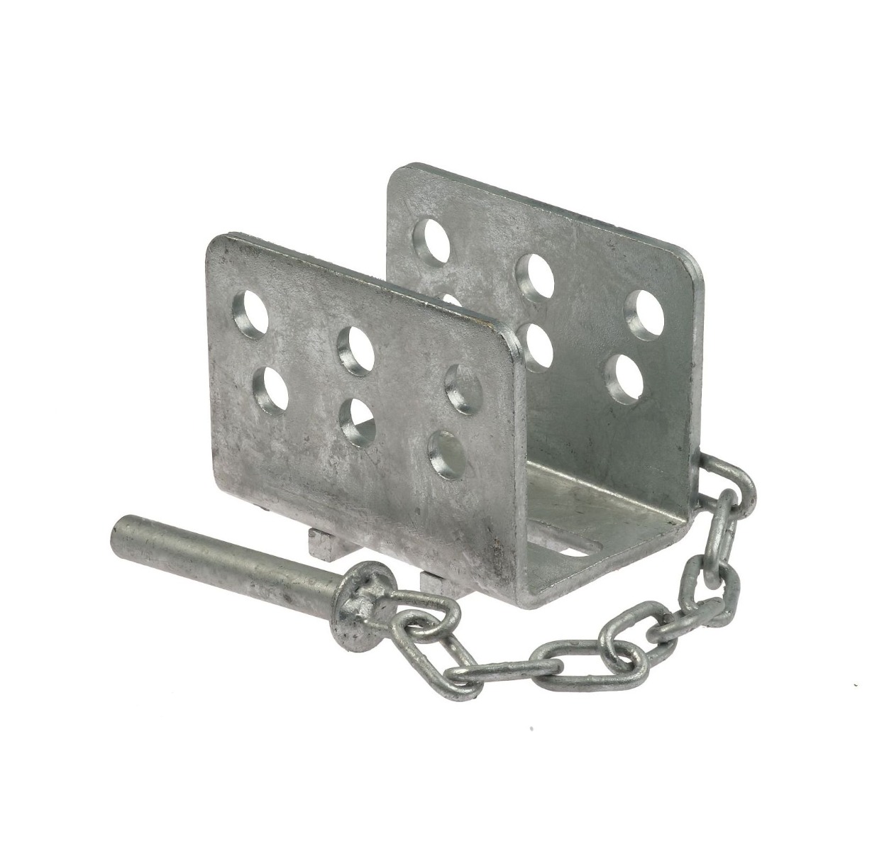 Een U-vormige thermisch verzinkte stalen hekvergrendeling met meerdere boorgaten en een aangehechte metalen ketting met borgpen.