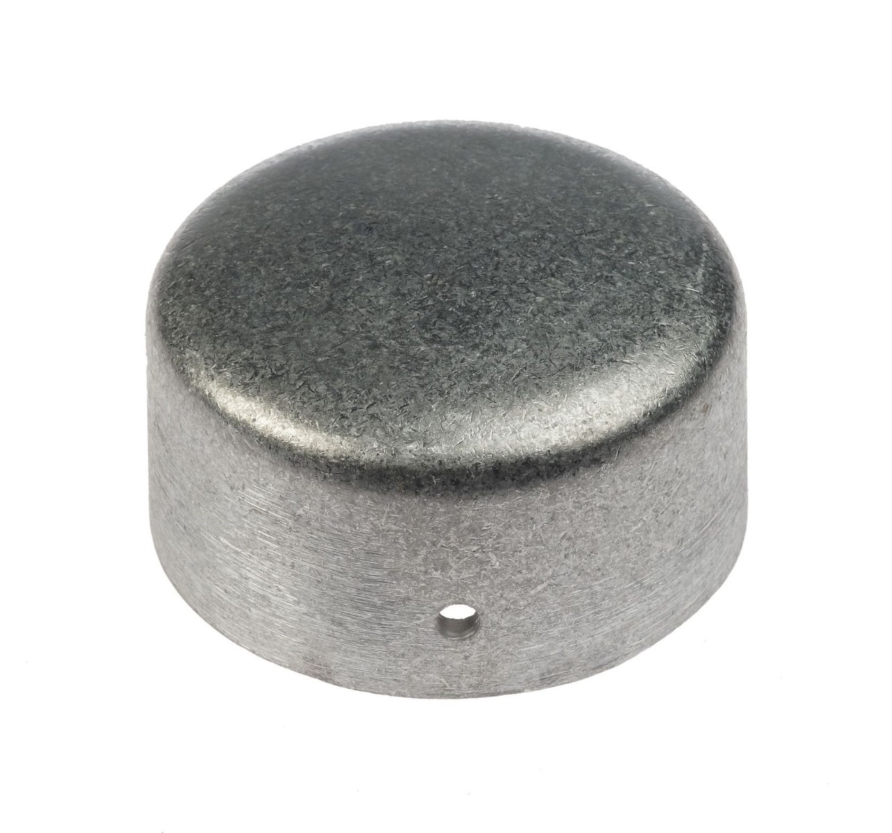Een ronde aluminium paaldop in een blanke uitvoering met een klein zijgat voor bevestiging aan een buis.
