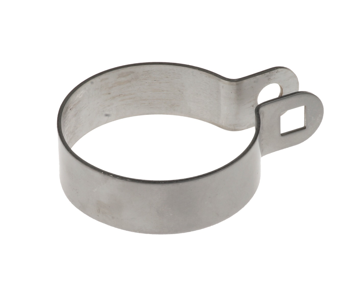 Een roestvrijstalen eindbeugel met een ronde vorm en twee uitsteeksels met gaten voor montage op een witte achtergrond.