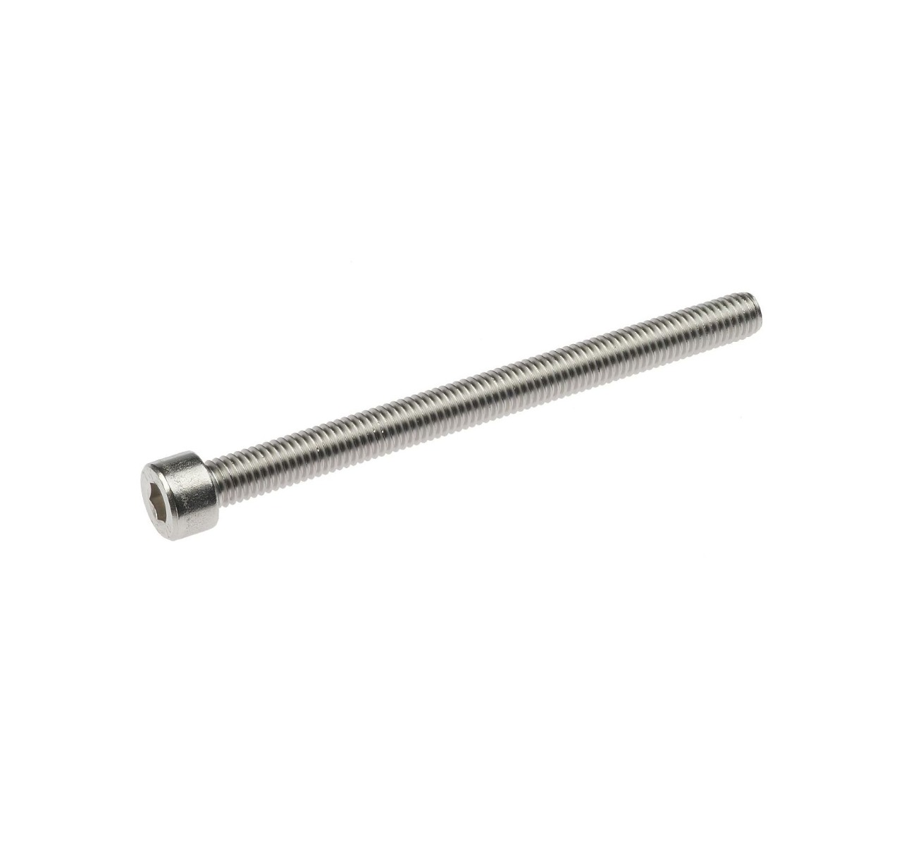 Een roestvrijstalen M8x100 inbusbout met een cilindrische kop voor het bevestigen van hekpalen tot zestig millimeter.