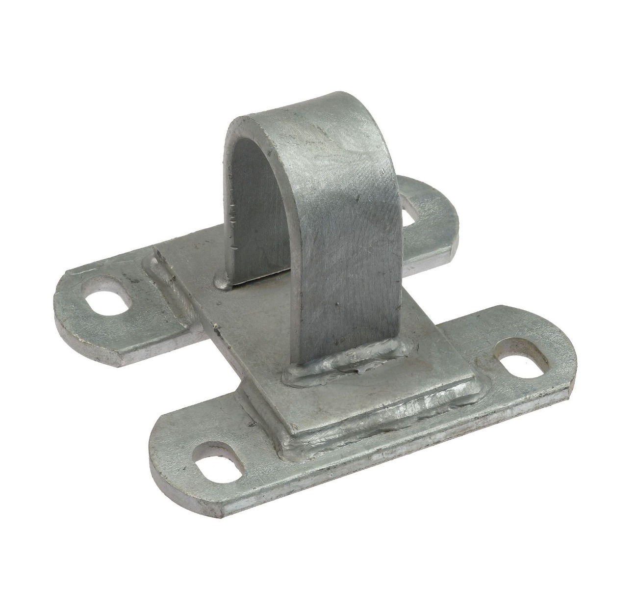 Zilverkleurige thermisch verzinkte metalen sluitgaffel met een centrale lus en vier montagegaten voor bevestiging op vlakke oppervlakken.