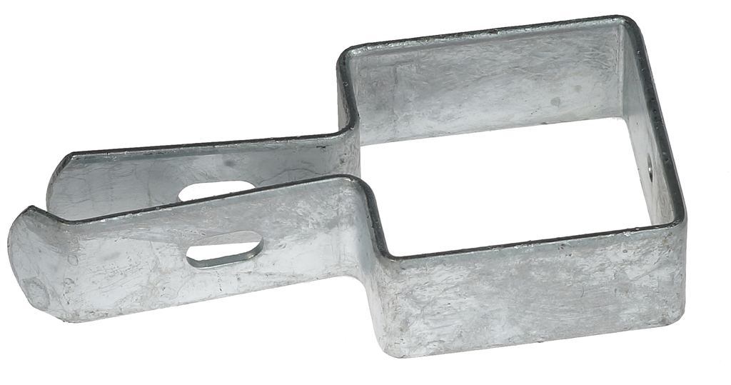 Een thermisch verzinkte metalen eindbeugel met lange lip voor de stevige bevestiging van dubbelstaafmatten aan vierkante hekwerkpalen.