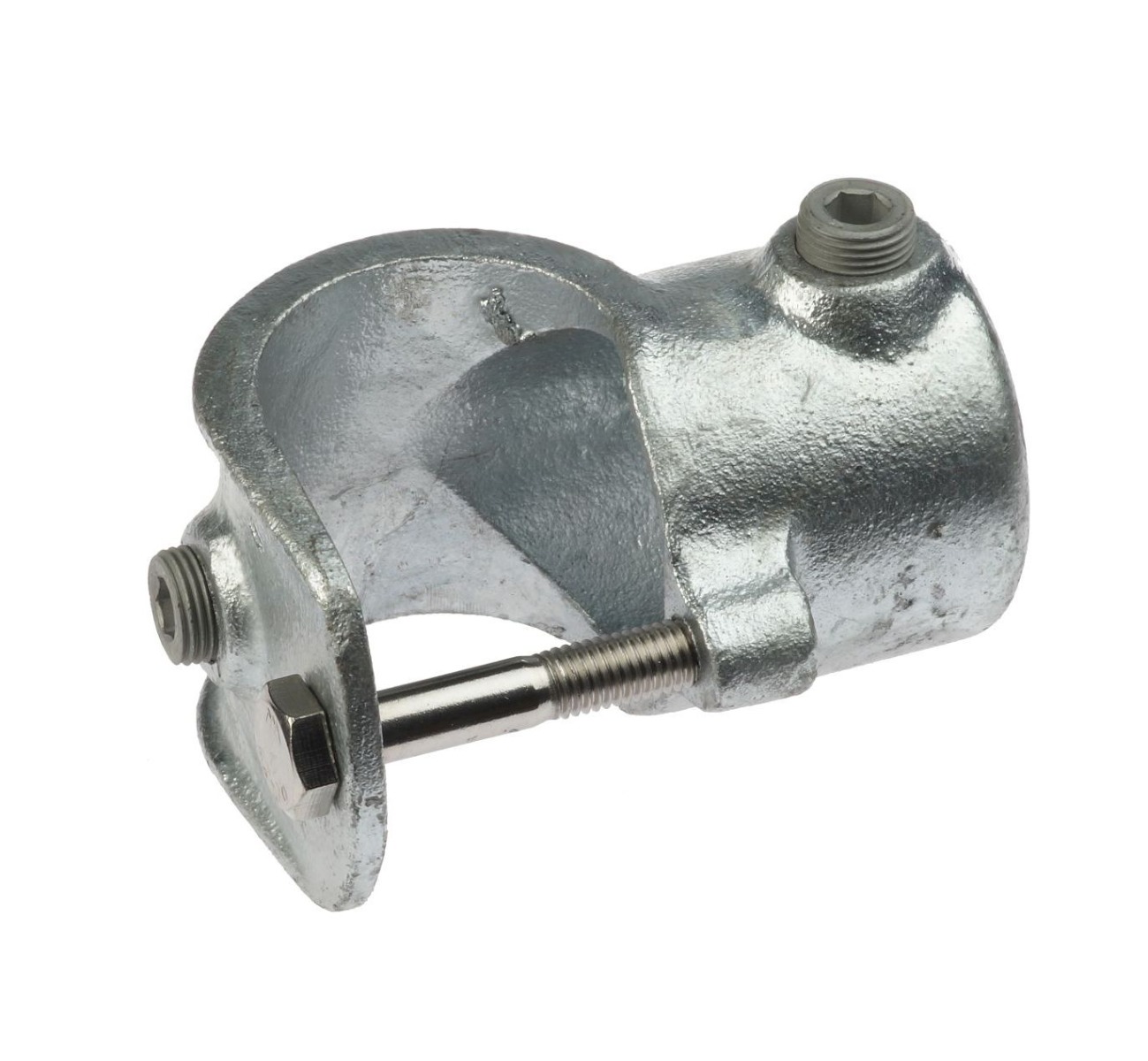 Een zilverkleurige thermisch verzinkte G135 gegoten open T-klem buiskoppeling met een metalen bout en inbusbouten voor stevige montage.