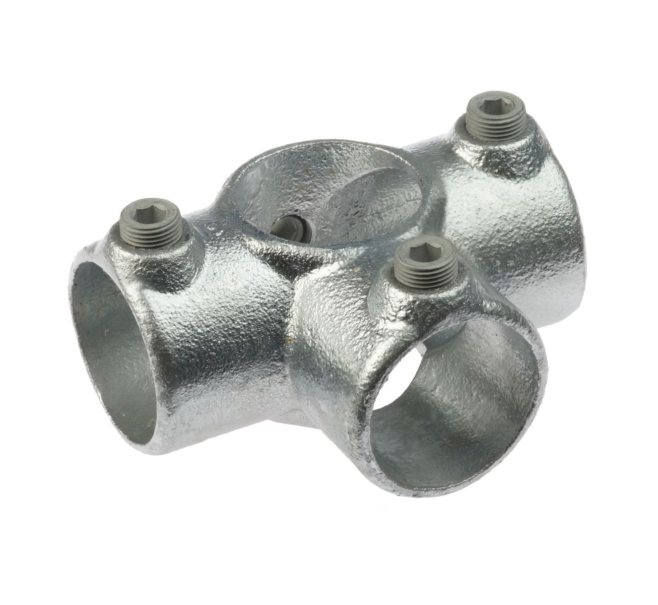 Een thermisch verzinkte gegoten 3-wegklem met drie openingen en inbusbouten voor het veilig verbinden van metalen buizen.