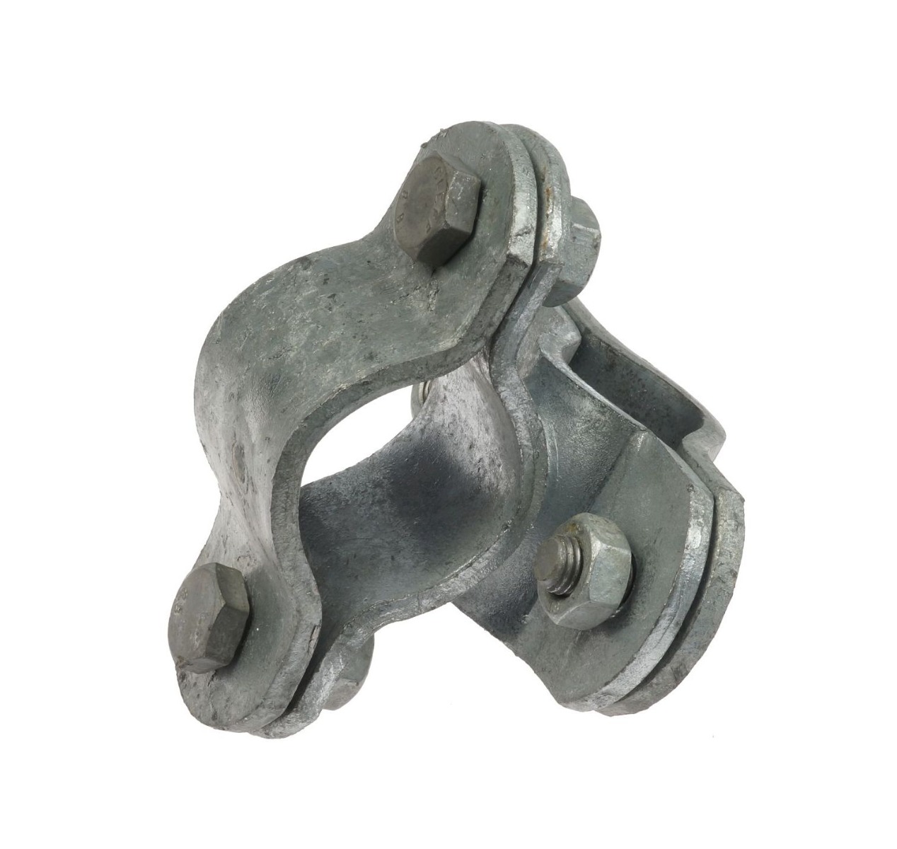 Deze thermisch verzinkte gelaste kruiskapbeugel is voorzien van bouten voor het creëren van sterke en duurzame kruisverbindingen tussen buizen.