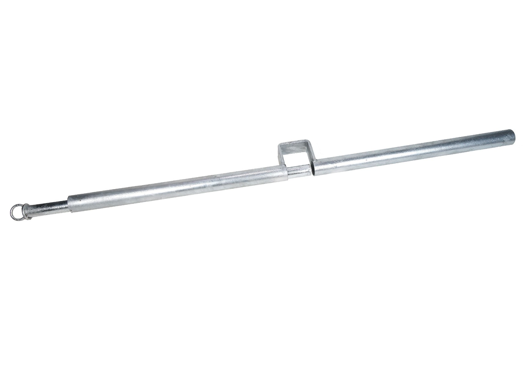 Een lange, thermisch verzinkte stalen hekvergrendeling van 130 centimeter met een centrale beugel en een metalen trekring.