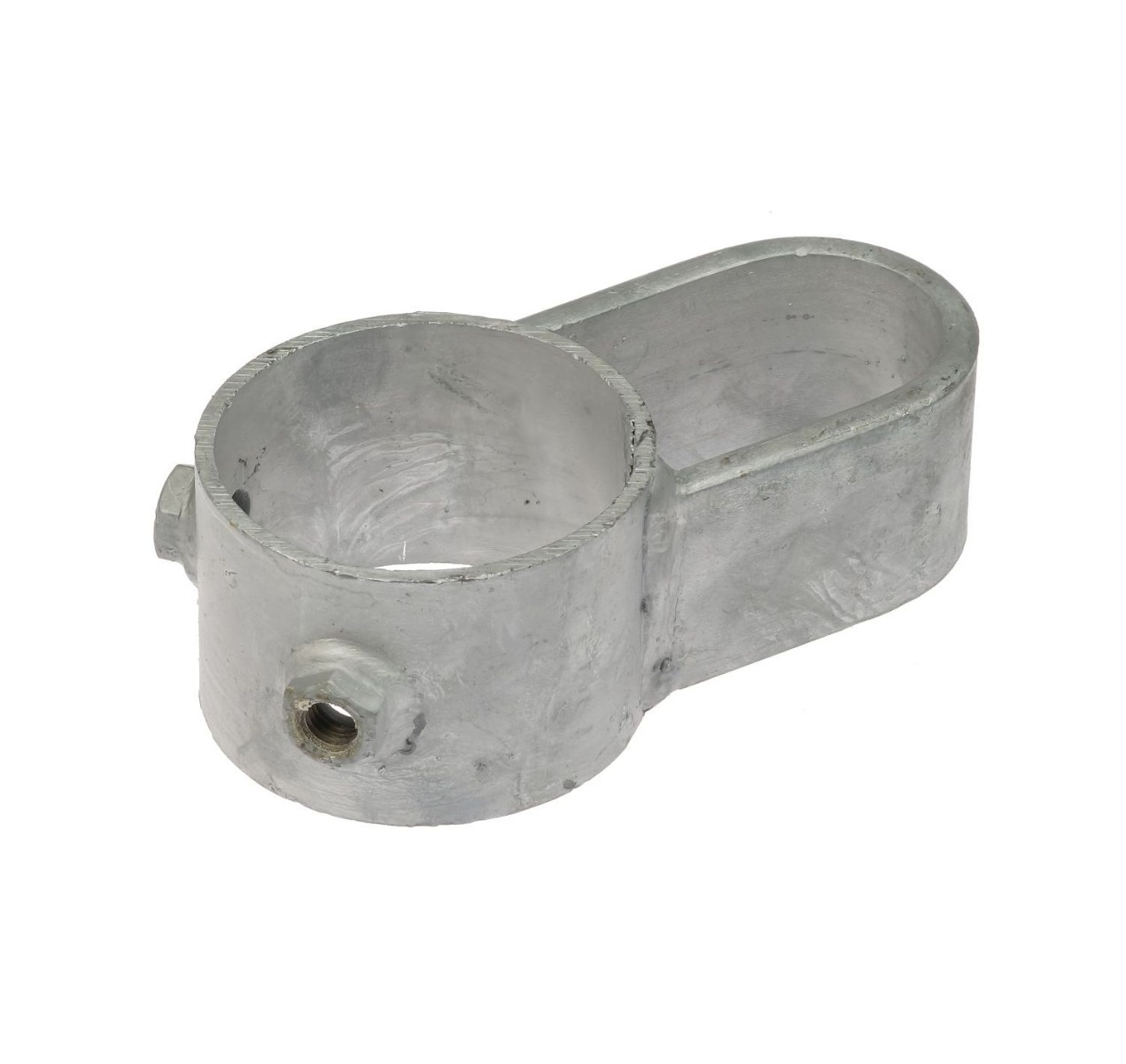 Een detailopname van een thermisch verzinkte metalen knelring sluitgaffel pen voor gebruik in diverse buisconstructies en hekwerken.