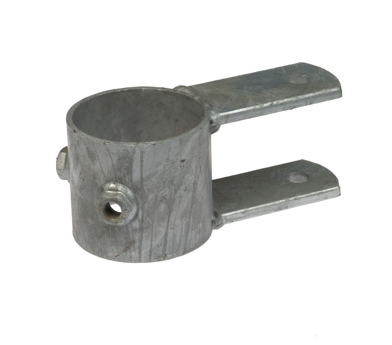 Een thermisch verzinkte metalen knelring voor een standpaal met een dubbel draaideel voor bevestiging van hekwerkonderdelen.