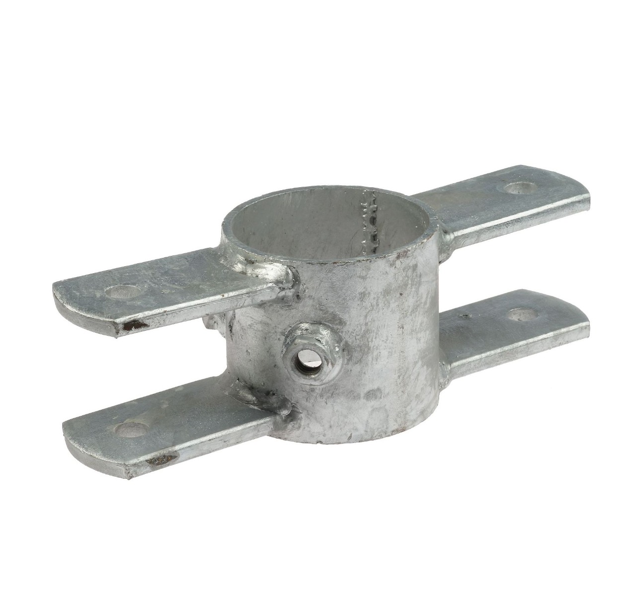 Een thermisch verzinkte metalen knelring voor een standpaal met twee paar horizontale bevestigingsplaten aan beide zijden.