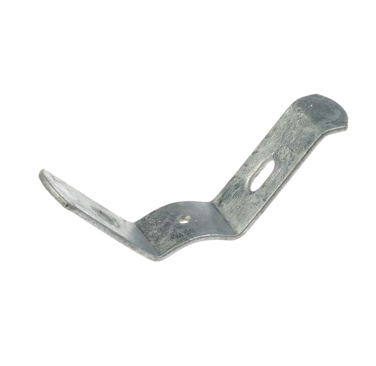 Zilverkleurige thermisch verzinkte metalen kwart hoekbeugel voor het bevestigen van staafmat hekwerk aan ronde metalen palen.