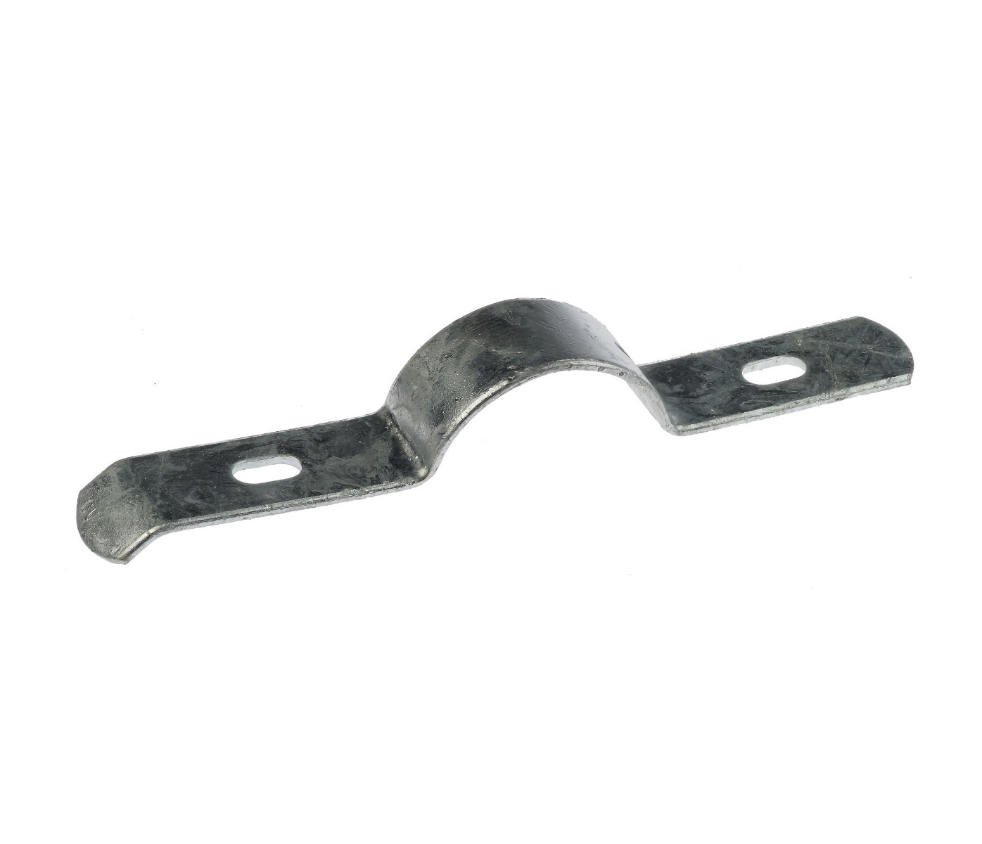 Een zilverkleurige, thermisch verzinkte metalen langlipbeugel met twee gaten voor het bevestigen van dubbelstaafmat hekwerk aan palen.