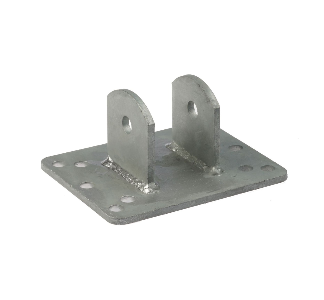 Een thermisch verzinkte metalen wandhouder met een rechthoekige basisplaat en twee verticale beugels voor stevige montage.