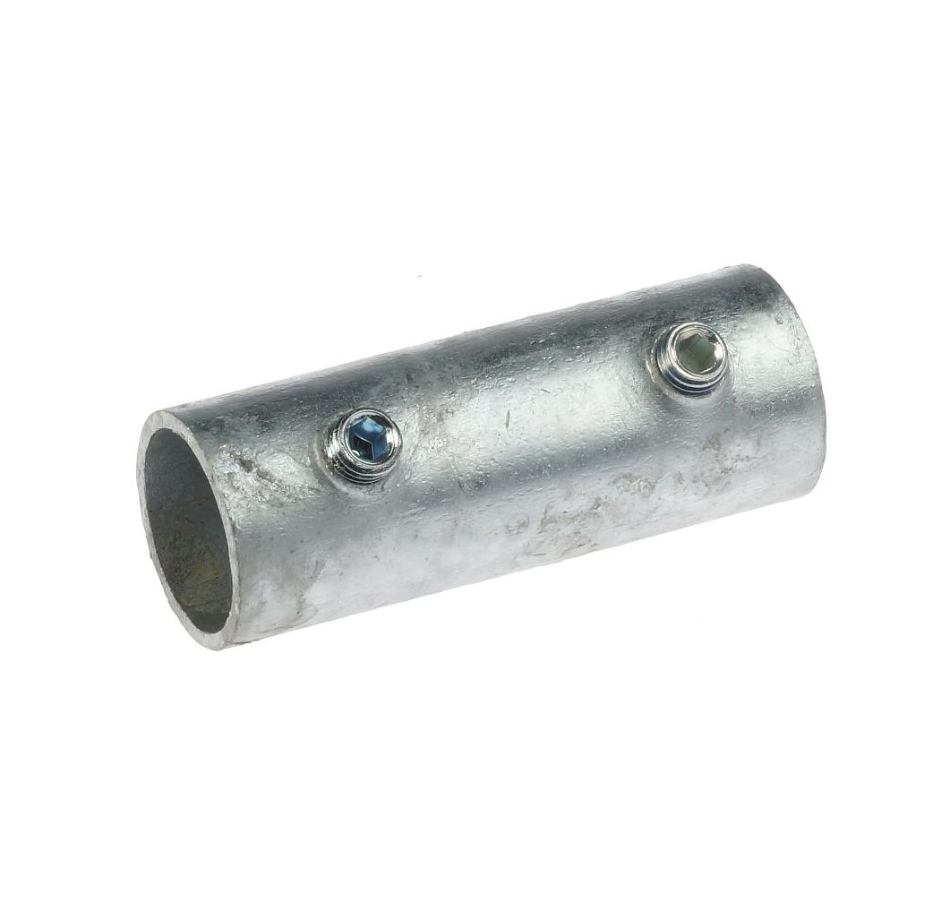 Een zilverkleurige stalen koppelbus type TJ14 met twee inbusbouten voor het stevig verbinden van ronde metalen buizen.