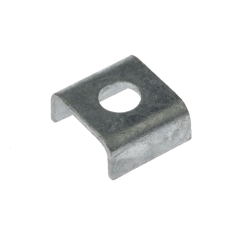 Een thermisch verzinkte U-onderlegring met een centraal gat, specifiek ontworpen voor gebruik met ophangbeugel type 270.