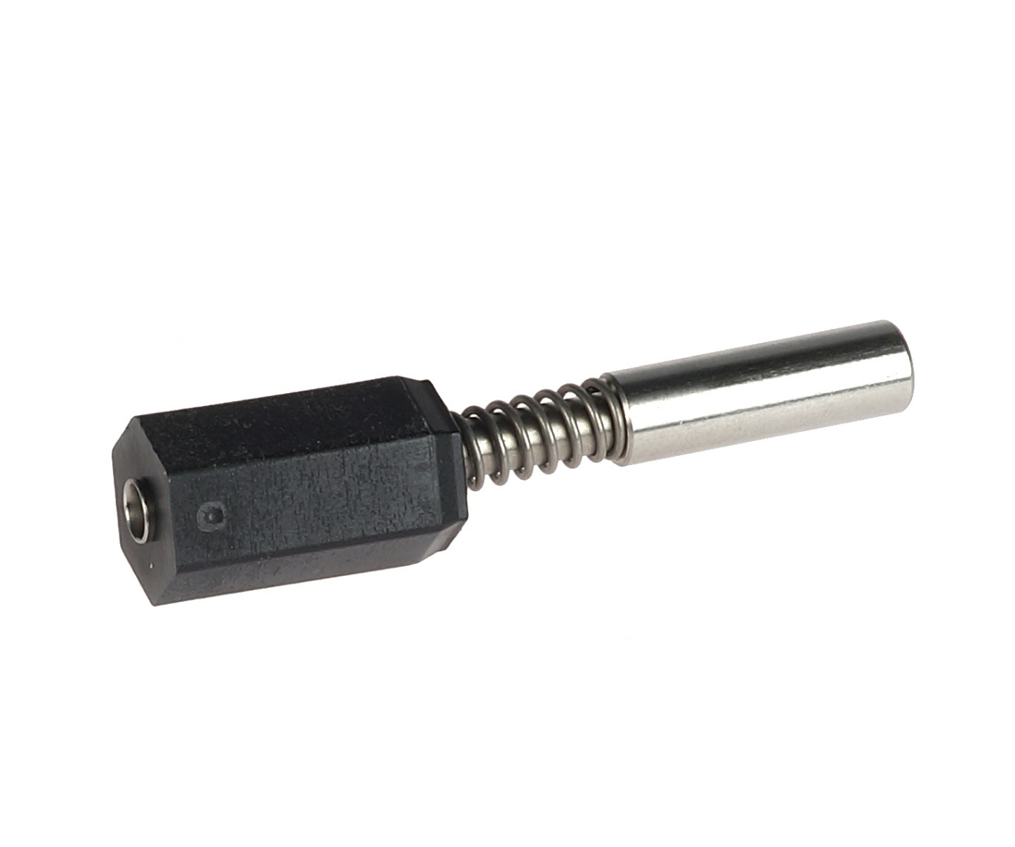Een detailopname van een universele metalen veerpen met veer en een zwarte zeshoekige nylon eindkap voor Flextonverbinder.
