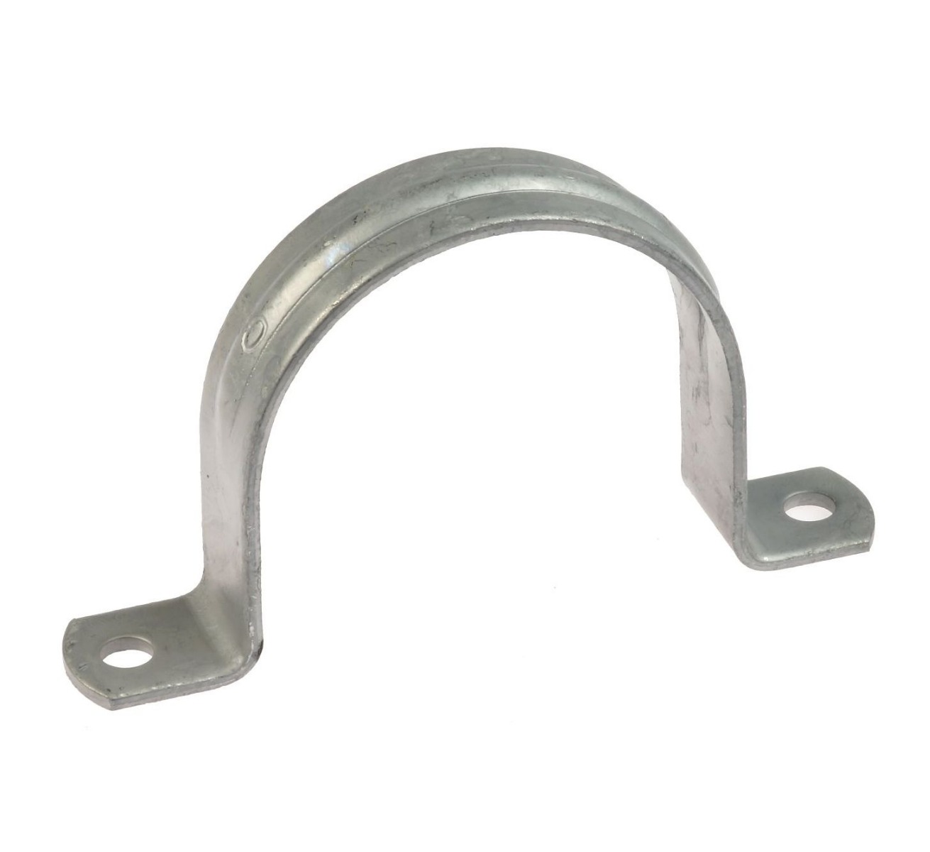 Een metalen, verzinkt U-vormig zadel met twee montagegaten voor het veilig vastzetten van leidingen en kabels op oppervlakken.