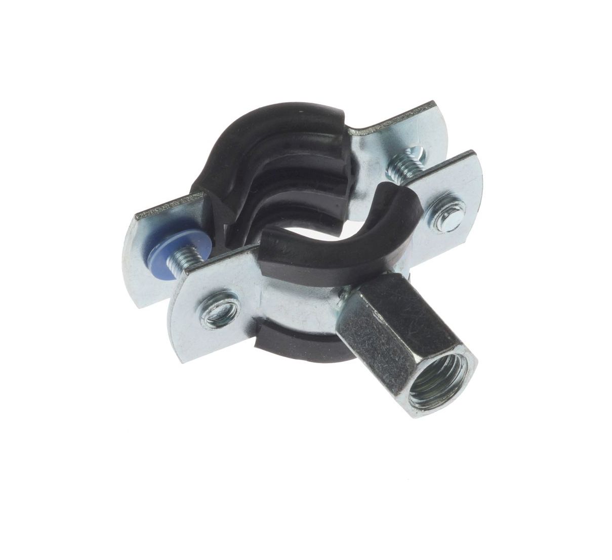 Een verzinkte metalen pijpbeugel met een zwarte rubberen inlage en een M8/M10 gecombineerde draadaansluiting voor professionele buisbevestiging.