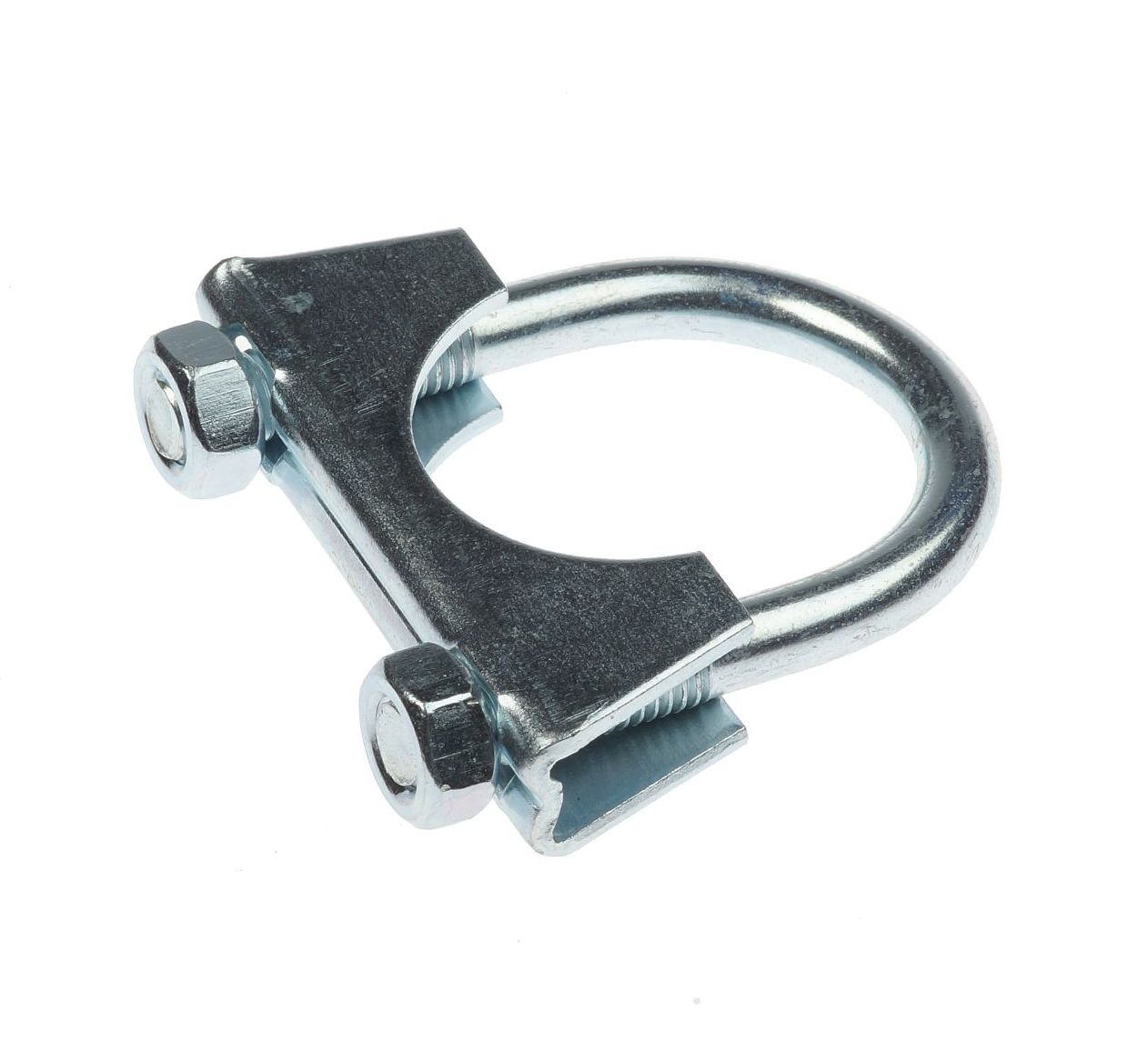 Een zilverkleurige verzinkte M8 U-beugelklem met zadelaansluiting en twee moeren voor het stevig bevestigen van uitlaten en buizen.