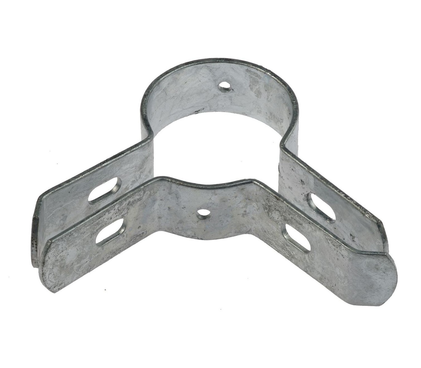 Een zijaanzicht van een stevige vuurverzinkte metalen hoekverbinder met montagegaten voor het bevestigen van gaas aan ronde hekwerkpalen.