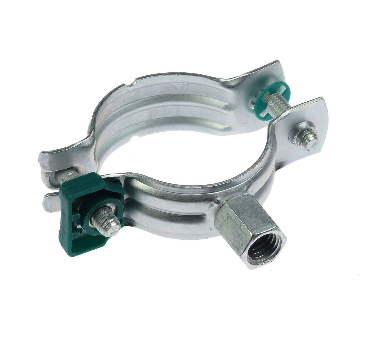 Een metalen Walraven Bifix G2 pijpbeugel met groene snelsluiting en M8/10 aansluitmoer voor een snelle en eenvoudige buisinstallatie.