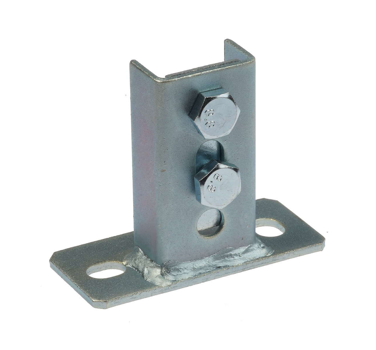 Elektrolytisch verzinkte zadelflens voor dwarsmontage op montagerails, voorzien van twee zeskantbouten en een stevige grondplaat met gaten.