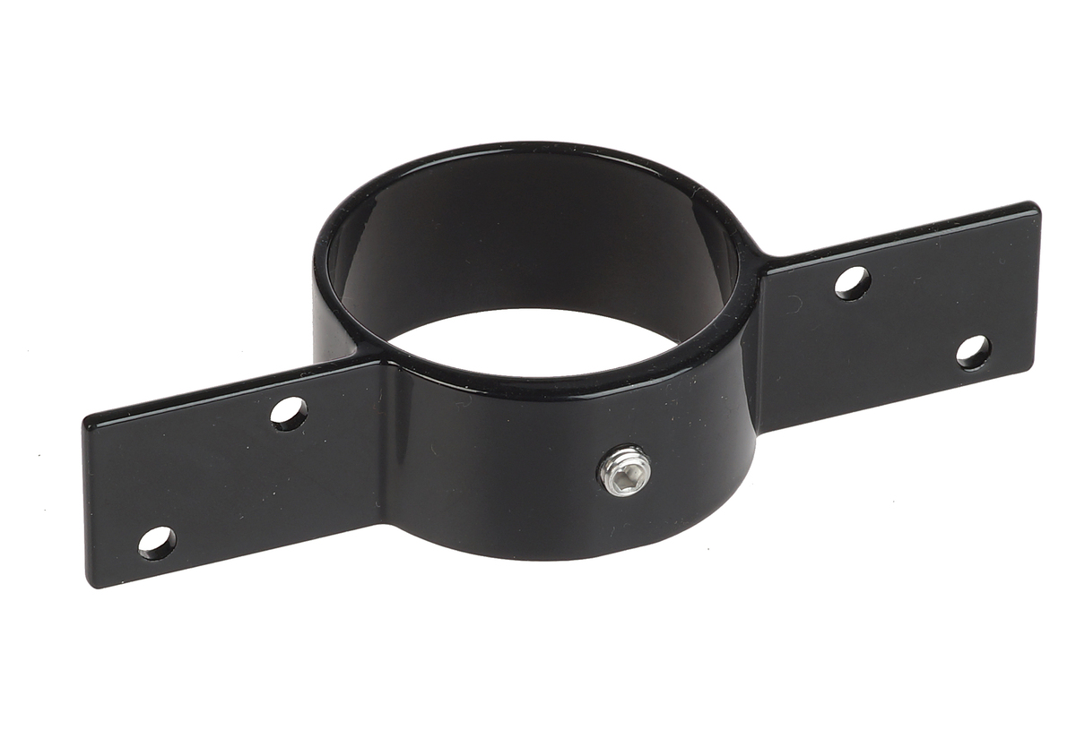 Zwarte aluminium schuttingbeugel tussenmodel met zijflenzen en voorgeboorde gaten voor het eenvoudig bevestigen van ronde buizen.